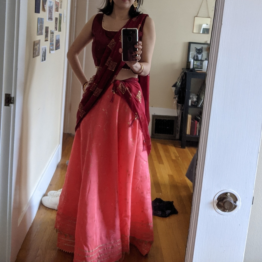 Burgundy + Coral Lehenga